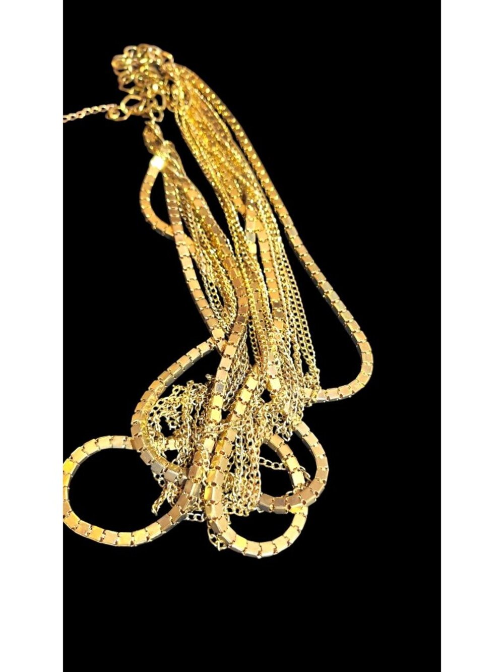 Vintage 1980s Multi Strand Gold Tone Necklace Block & Link Chains Disco Flapper